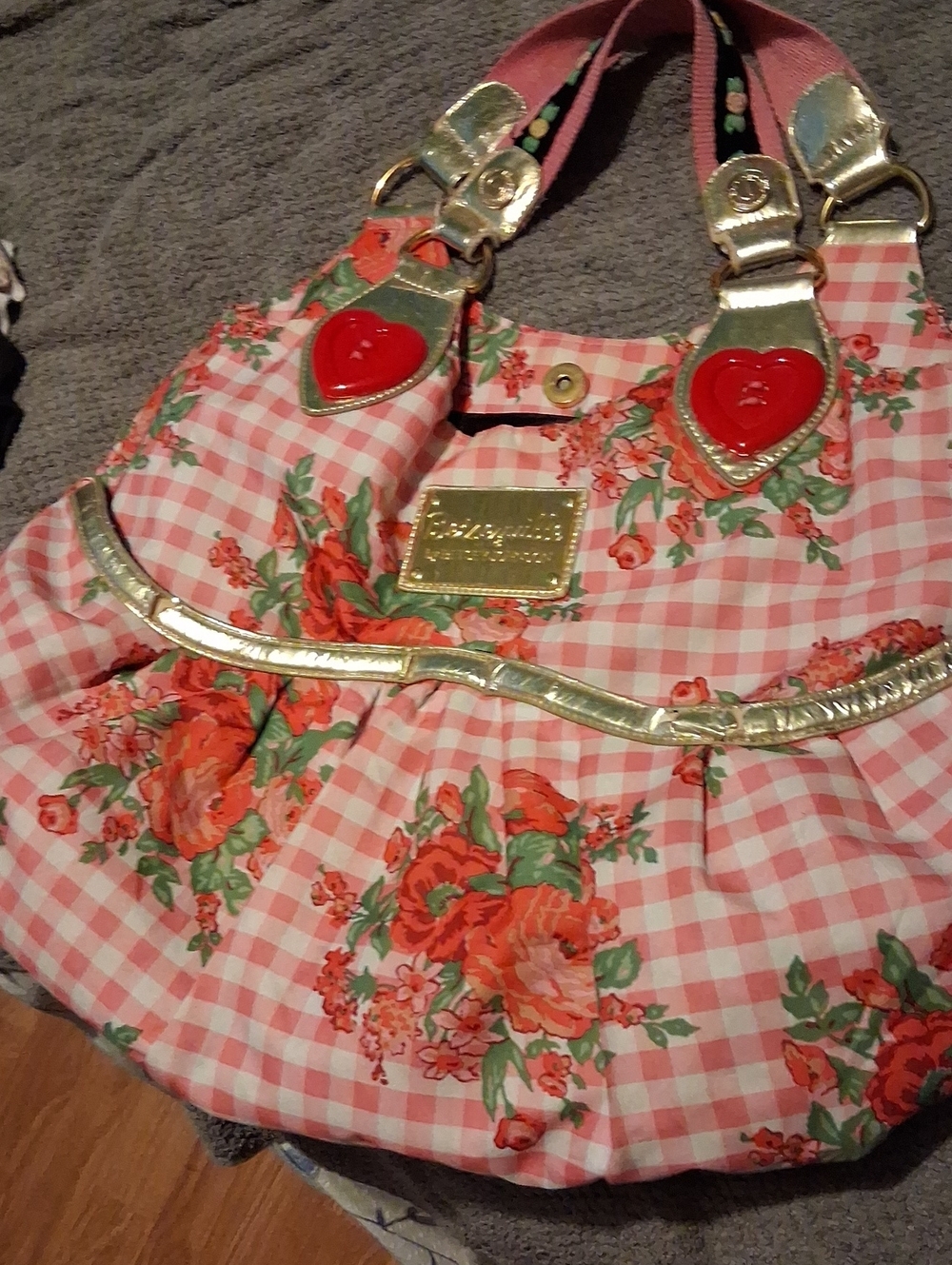 Betsey Johnson Pink Gingham Floral Tote with Gold Trim and Red Heart Accents